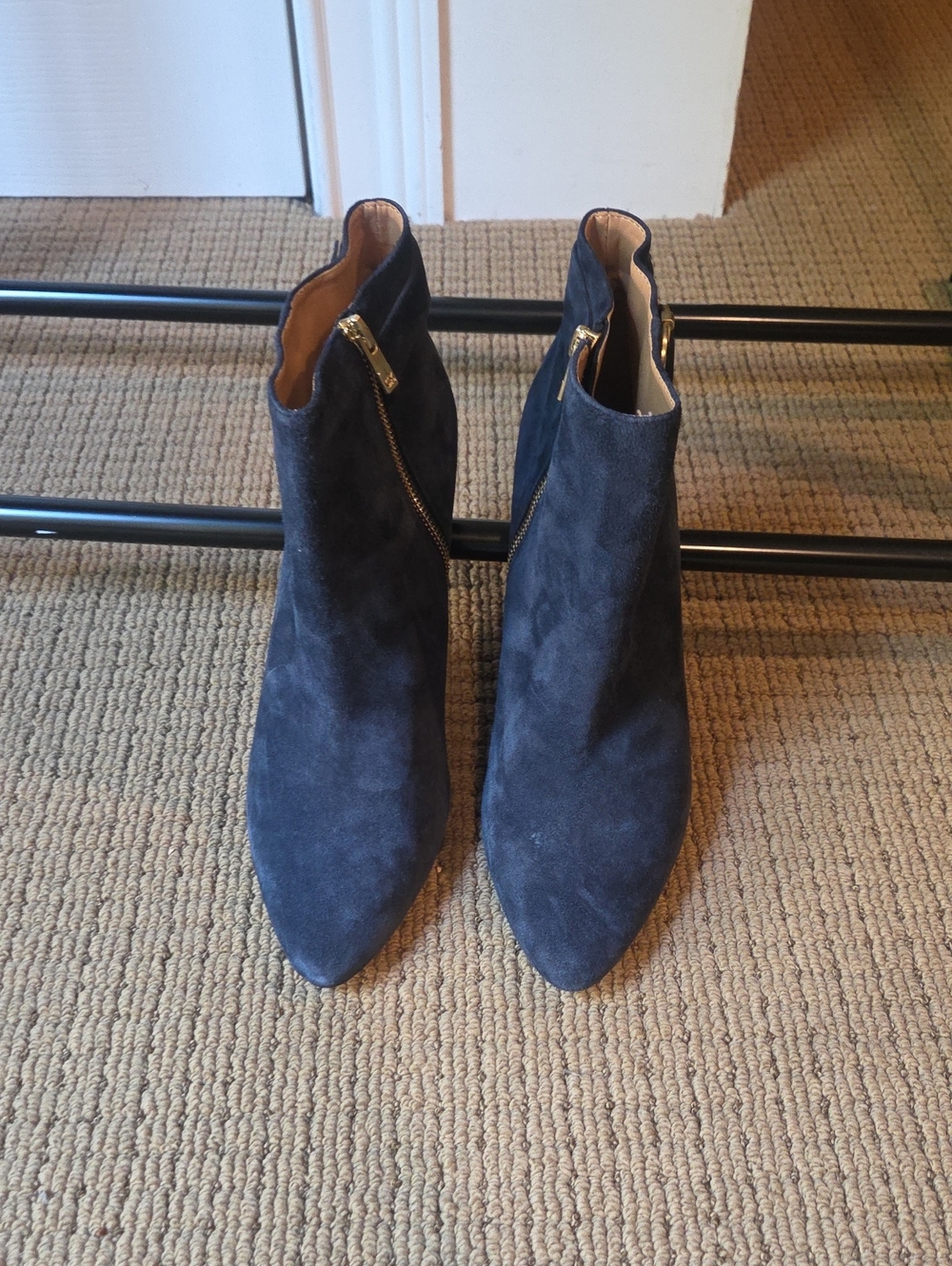 Calvin Klein Navy Suede Pointed Ankle Booties with Gold Zippers